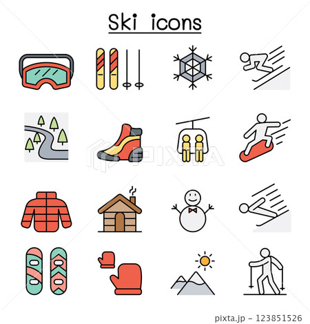 Ski icon set in flat color style 123851526