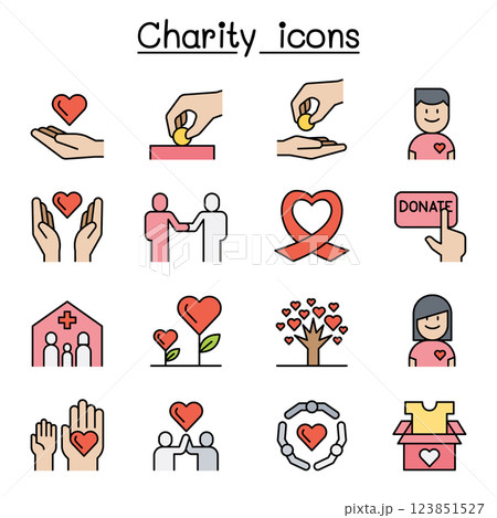 Charity, volunteer,sympathy and helping icon set in colorline style Charity, volunteer,sympathy and helping icon set in colorline style 123851527