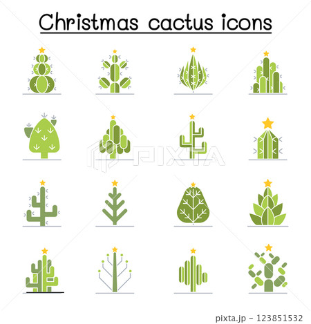Christmas cactus icon set in flat color style 123851532
