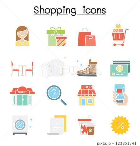Shopping icon set in flat color style Shopping icon set in flat color style 123851541