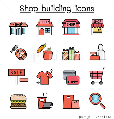 Shop building, Shopping mall, supermarket icon set in colorline style 123851548
