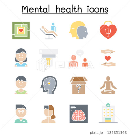 Mental health and psychology icon set in flat color style 123851568