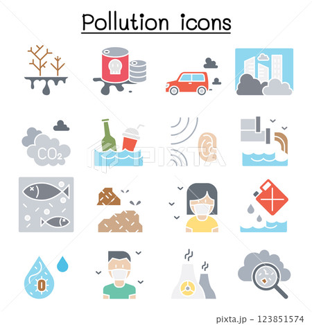 Pollution icon set in flat color style 123851574
