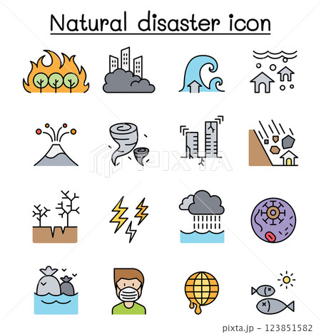 Disaster icon set in colorline style 123851582