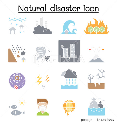 Disaster icon set in flat color style Disaster icon set in flat color style 123851593