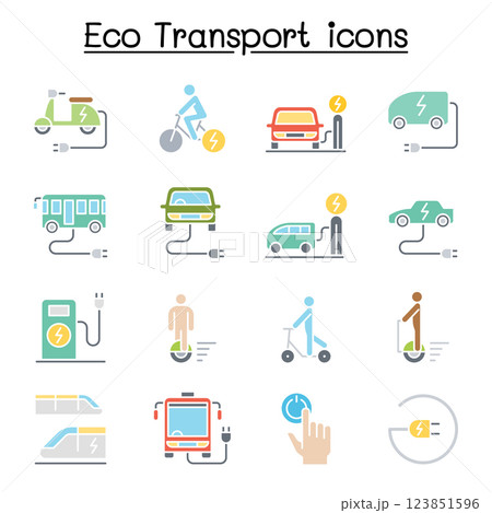 Eco transport icon set in thin linestyle in flat color style Eco transport icon set in thin linestyle in flat color style 123851596