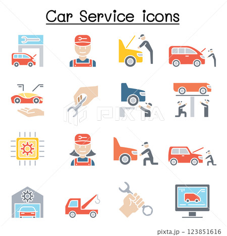 Car service and maintenance icon set in flat color style Car service and maintenance icon set in flat color style 123851616