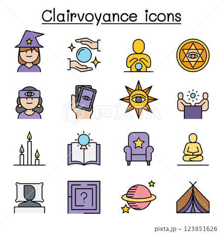 Clairvoyance, fortune teller icon set in colorline style 123851626