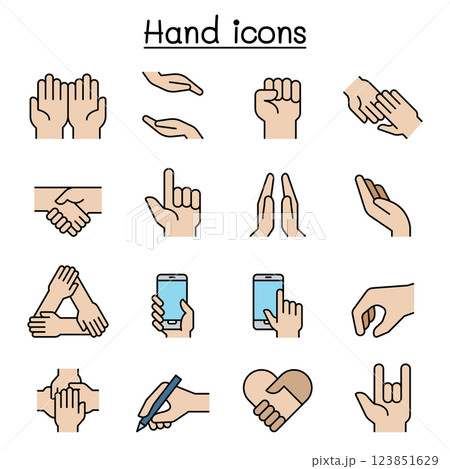 Hand icon set in colorline style Hand icon set in colorline style 123851629