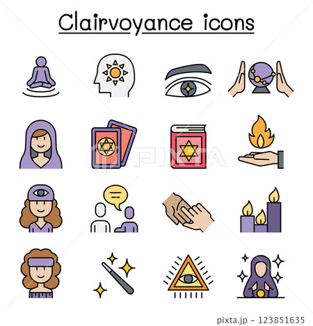 Clairvoyance, fortune teller icon set in colorline style Clairvoyance, fortune teller icon set in colorline style 123851635