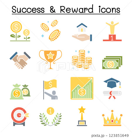 Success , Reward , Bonus and achievement icon set in flat color style Success , Reward , Bonus and achievement icon set in flat color style 123851649