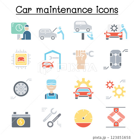 Car service and maintenance icon set in flat color style 123851658