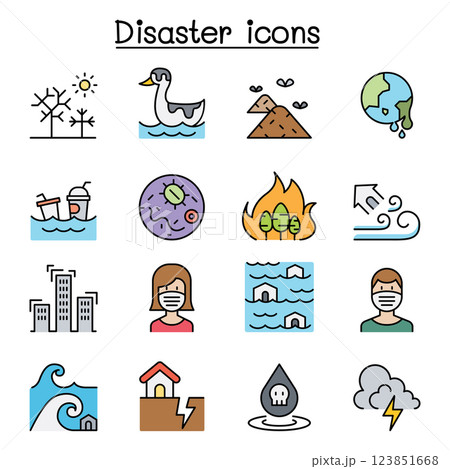 Disaster, pollution icon set in colorline style Disaster, pollution icon set in colorline style 123851668