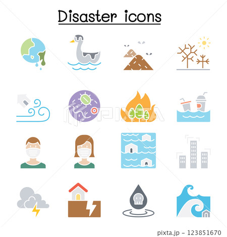 Disaster, pollution icon set in flat color style 123851670
