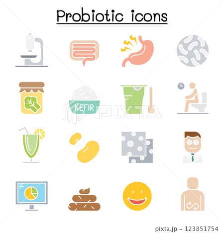 Probiotics bacteria icon set in flat color style 123851754