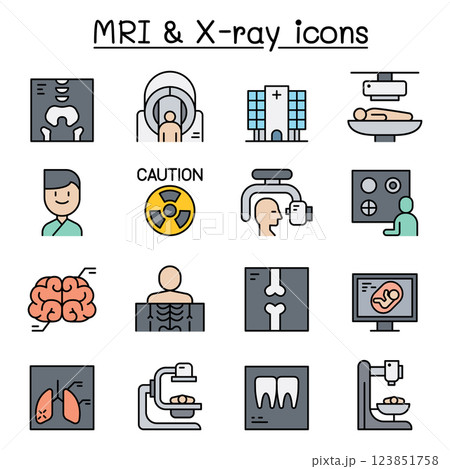 X-ray, MRI and Medical diagnostic icon set in colorline style 123851758