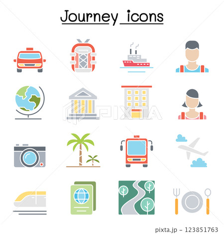 Travel and Tourism icon set in flat color style Travel and Tourism icon set in flat color style 123851763