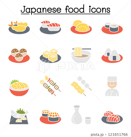 Japanese food icon set in flat color style Japanese food icon set in flat color style 123851766