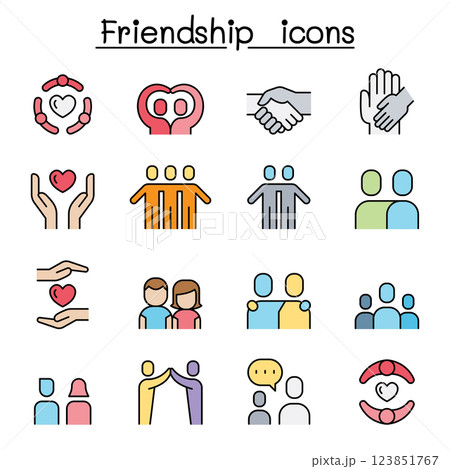 Care and Friendship icon set in colorline style Care and Friendship icon set in colorline style 123851767