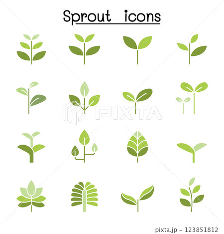 Sprout, plant, treetop, leaf icon set in flat color style Sprout, plant, treetop, leaf icon set in flat color style 123851812