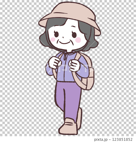 一位背著背包行走的老年婦女的插圖 123851852