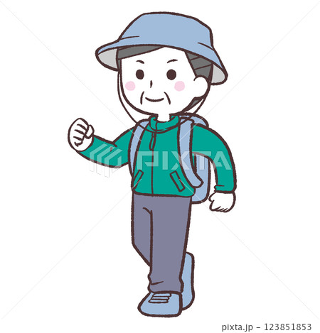 リュックを背負って歩くシニア男性イラスト リュックを背負って歩くシニア男性イラスト 123851853