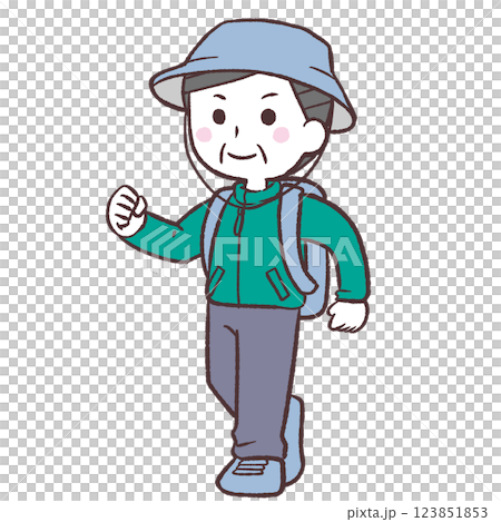 リュックを背負って歩くシニア男性イラスト リュックを背負って歩くシニア男性イラスト 123851853