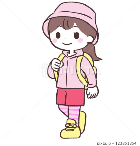 リュックを背負って歩く女性イラスト 123851854