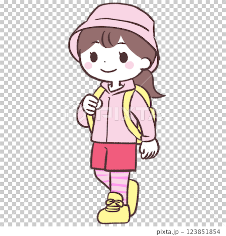 リュックを背負って歩く女性イラスト 123851854