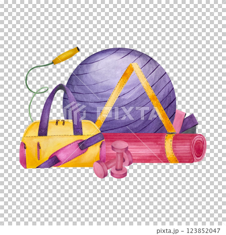 Fitness equipment. Women sport inventory, Jump rope, gymnastics mat, dumbbells, fitball and sport bag. Isolated bright watercolor illustration isolated. Training yoga equipment. Active lifestyle 123852047