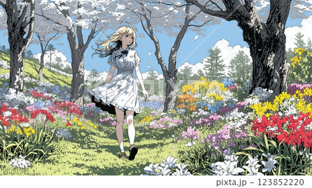 満開の春の花々と若い女性