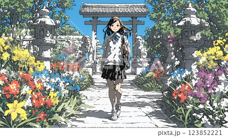 満開の春の花々と若い女性