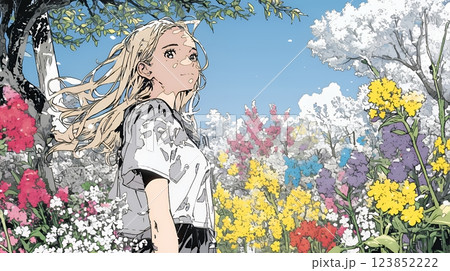 満開の春の花々と若い女性
