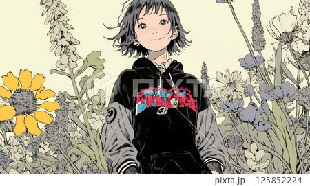 満開の春の花々と若い女性