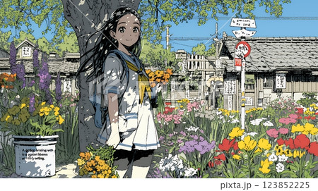 満開の春の花々と若い女性