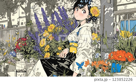 満開の春の花々と若い女性