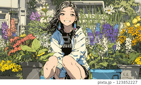満開の春の花々と若い女性