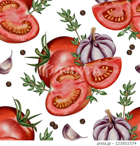 Seamless pattern with tomatoes, garlic, and herbs 123852374