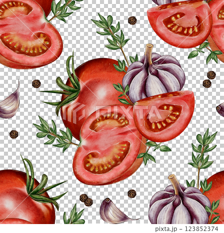 Seamless pattern with tomatoes, garlic, and herbs 123852374