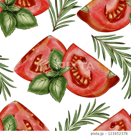 Seamless pattern with tomatoes, basil and rosemary 123852376