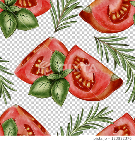 Seamless pattern with tomatoes, basil and rosemary 123852376