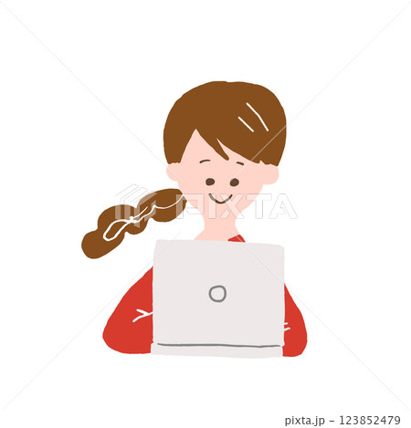 手描き風　リモートワーク　パソコンを使っている女性　ベクター　カラフル　ポップ 123852479