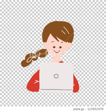 手描き風　リモートワーク　パソコンを使っている女性　ベクター　カラフル　ポップ 123852479