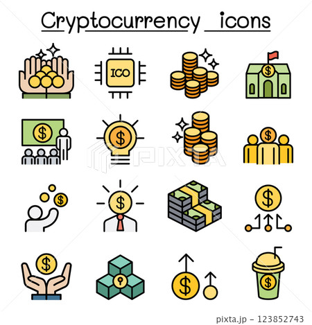 Cryptocurrency icon set in colorline style Cryptocurrency icon set in colorline style 123852743