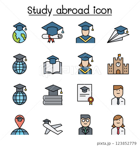 Study abroad icon set in colorline style Study abroad icon set in colorline style 123852779