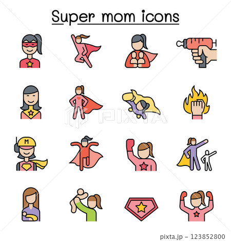 Super mom, super woman, Hero icon set in colorline style 123852800