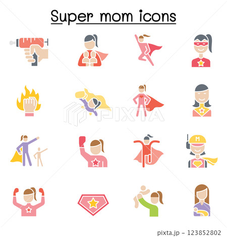 Super mom, super woman, Hero icon set in flat color style Super mom, super woman, Hero icon set in flat color style 123852802
