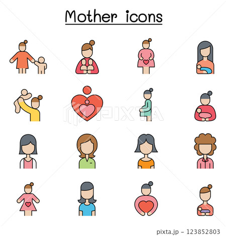 Mother and Super mom icon set in colorline style Mother and Super mom icon set in colorline style 123852803