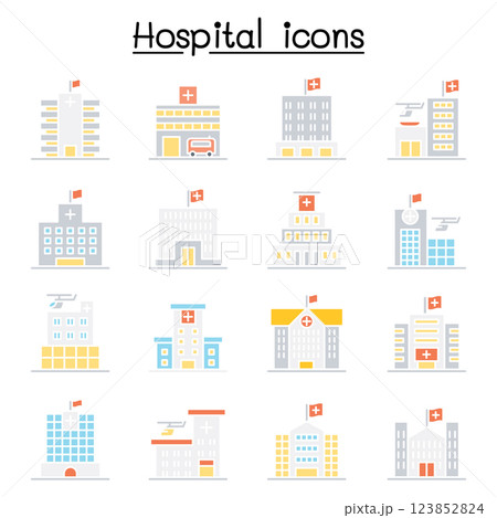 Hospital building icon set in flat color style 123852824