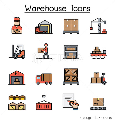Warehouse, delivery, shipment, logistic icon set in colorline style Warehouse, delivery, shipment, logistic icon set in colorline style 123852840